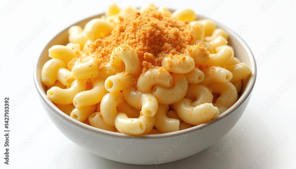Close-up creamy mac cheese with golden breadcrumb topping in white bowl. Simple delicious pasta dish on white backdrop. Culinary, food photography. Comfort food for lunch or dinner. Close-up creamy mac cheese with golden breadcrumb topping in white bowl. Simple delicious pasta dish on white backdrop. Culinary, food photography. Comfort food for lunch or dinner.