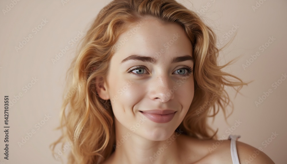 Portrait Of A Beautiful Young Woman With Wavy Blonde Hair Smiling Dreamily Looking Away Against A Beige Background Portrait Of A Beautiful Young Woman With Wavy Blonde Hair Smiling Dreamily Looking Away Against A Beige Background