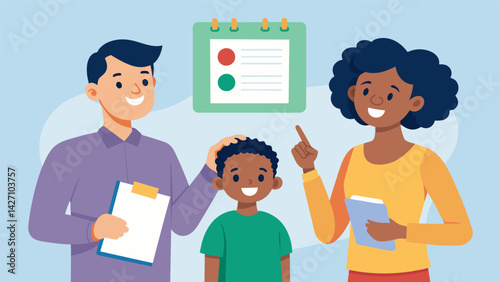 A parent pointing out important information in a flyer about a workstudy program to their child beside them.. Vector illustration