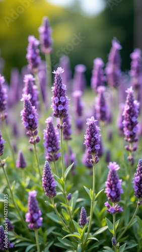 Fields of vibrant lavender flowers thriving in a lush garden setting, embodying natural agriculture and permaculture principles.