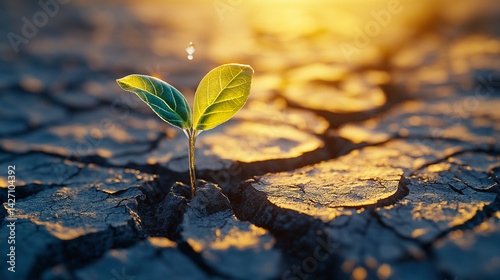 Green plant sprouting resilience from cracked earth at sunset  
