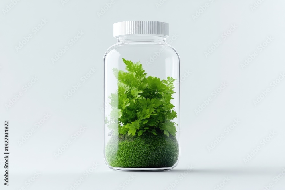 A clear glass bottle, filled with a small plant and moss