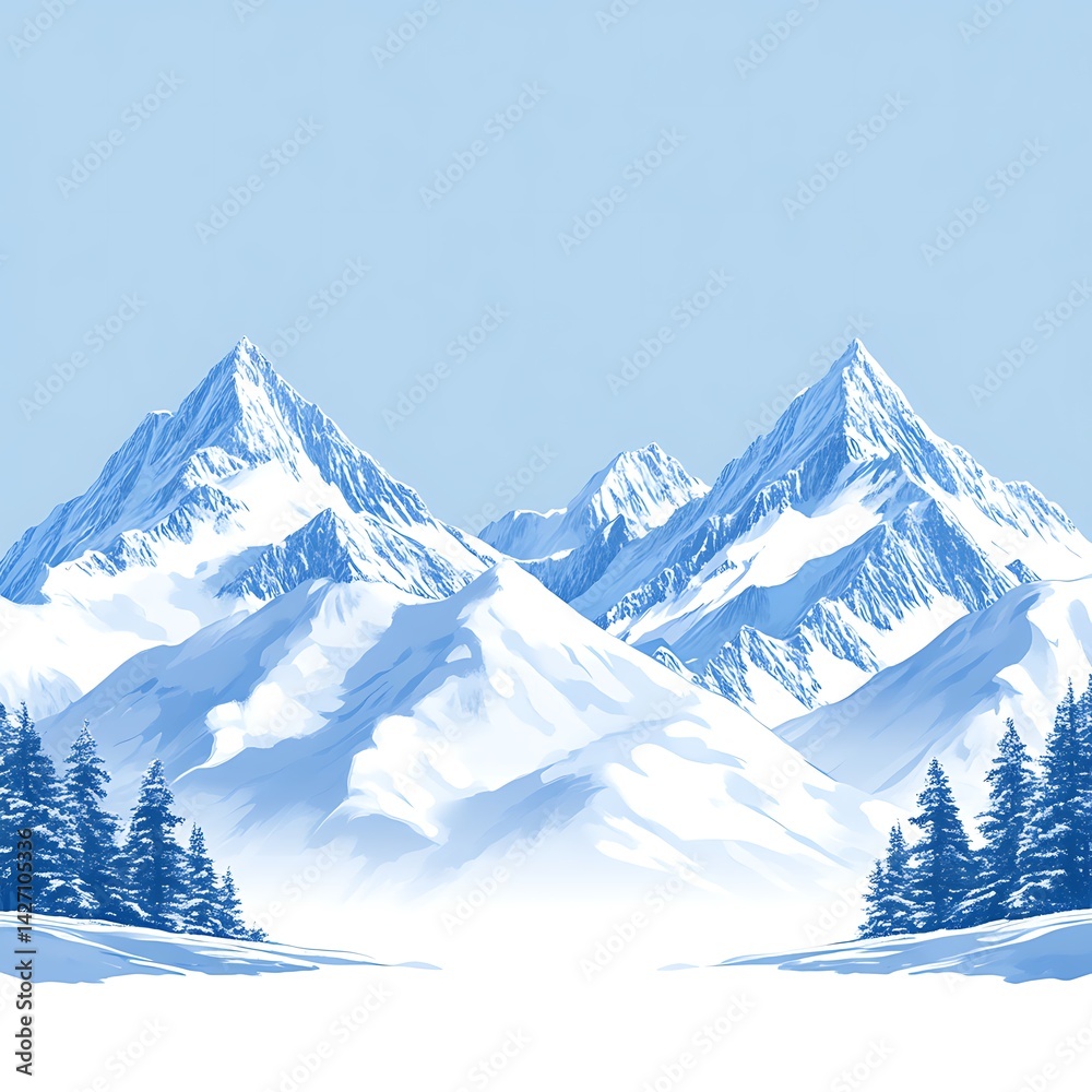 Obraz premium Majestic snow covered mountain range with evergreen trees and blue skies