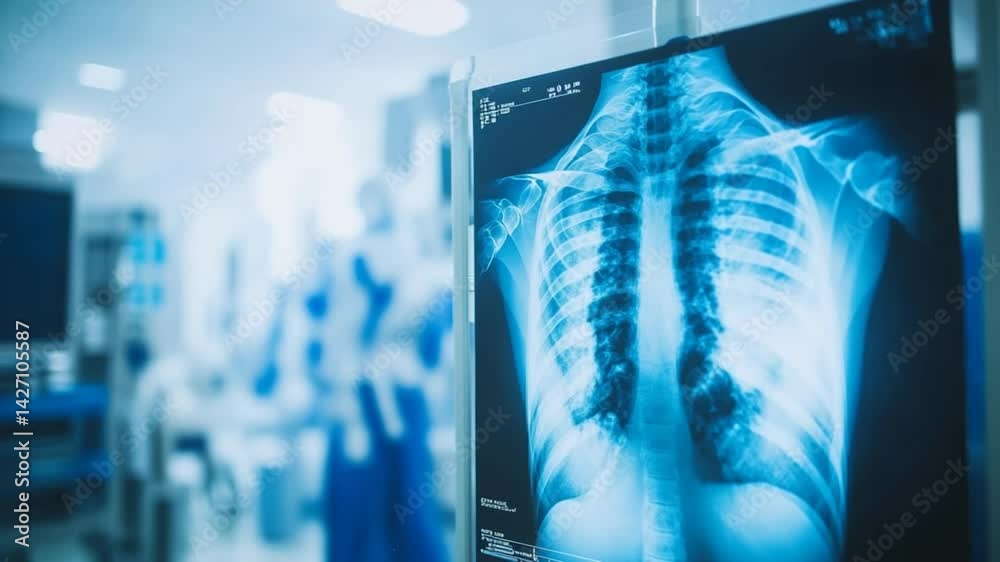 Close-up view of a chest x-ray in a clinical setting, showing internal lung structure