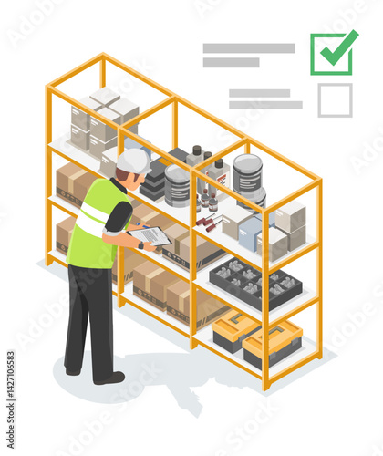 Industrial factory staff from the procurement and materials department inspecting inventory and verifying supply levels in the warehouse using a digital checklist system isometric