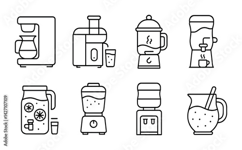 Kitchen appliance icon set – outline style cooking and beverage tools for home use: coffee maker, juicer, blender, water dispenser, kettle, pitcher, mixer