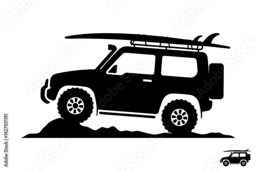 Off-road car with surfboard icon. Suv. Black silhouette. Side view. Vector simple flat graphic illustration. Isolated object on white background. Isolate.
