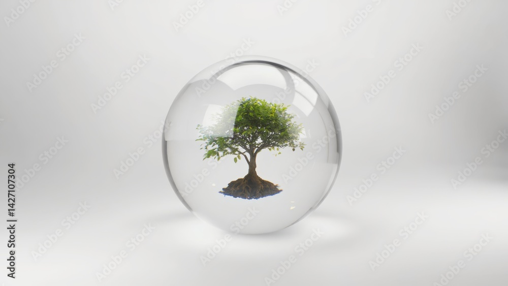 A glass dome housing a small tree and soil within, promoting sustainable living and eco-friendly practices. Modern indoor gardening concept for space conservation and preservation of nature.
