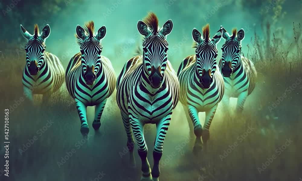 A herd of zebras galloping through a misty grassland at dawn, showcasing their stripes