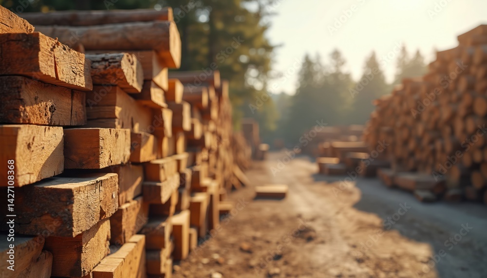 Sawmill with stacked raw wood logs, planks. Timber extraction, furniture manufacturing, construction industry. Forestry resources, wooden planks for construction. Sustainable eco-friendly environment. Sawmill with stacked raw wood logs, planks. Timber extraction, furniture manufacturing, construction industry. Forestry resources, wooden planks for construction. Sustainable eco-friendly environment.