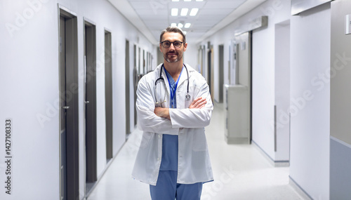 Obraz na płótnie Male doctor standing in hospital corridor, wearing lab coat and blue scrubs and holding stethoscope w salonie