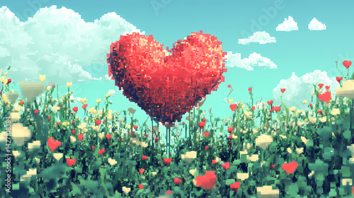 valentine poster with low-poly heart voxels, retro scanline overlay, glitching color palettes, hidden ascii love codes, minimalist pixel garden background. Glitched Garden. Illustration photo