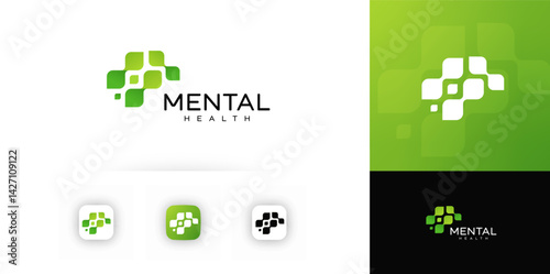 Mental health logo design. Abstract green symbol of brain, support, care for clinic, counseling center, wellness app, digital therapy brand. Modern clean vector illustration.