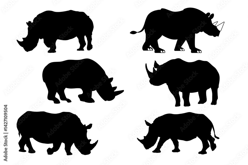 Fototapeta premium Rhinoceros silhouettes, set of rhino, silhouettes of rhinoceros, wild animals silhouettes
