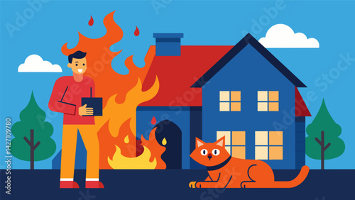 A fire breaks out in a home while the owner is at work luckily their cat triggered an emergency alert on their home security system allowing. Vector illustration