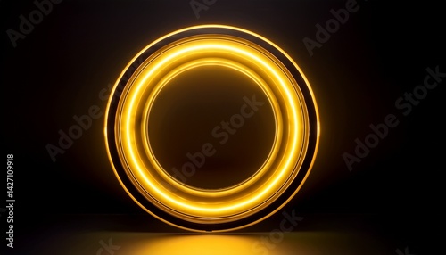 A thick neon circle glowing in radiant yellow, casting a faint light on a sleek black background 