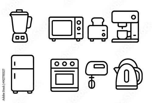 Kitchen appliances outline icon set – line style symbols for home cooking and food preparation: blender, microwave, toaster, coffee maker, refrigerator, oven, mixer, kettle