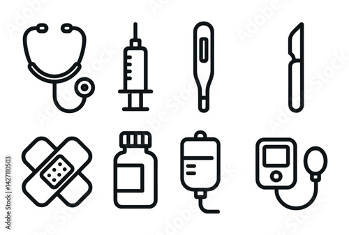 Medical equipment icon set - linear style healthcare symbols for hospitals and clinics: stethoscope, syringe, thermometer, scalpel, bandages, medicine bottle, iv drip, blood pressure monitor