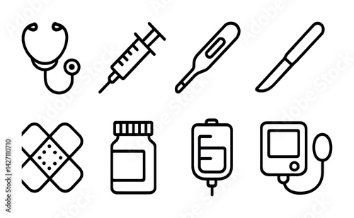 Healthcare and medical icon set – outline style symbols for hospitals and clinics: stethoscope, syringe, thermometer, scalpel, bandage, pill bottle, iv bag, monitor