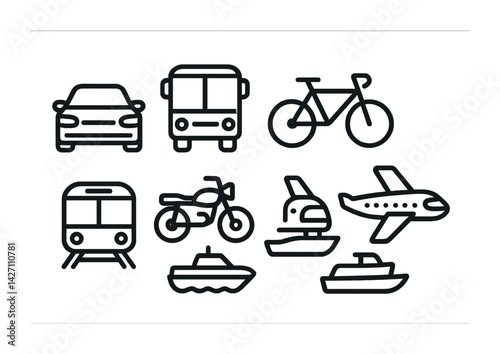 Transportation icon set – outline style mobility and travel symbols for commuting, vehicles, and transit: car, bus, bicycle, train, motorcycle, helicopter, airplane, boat
