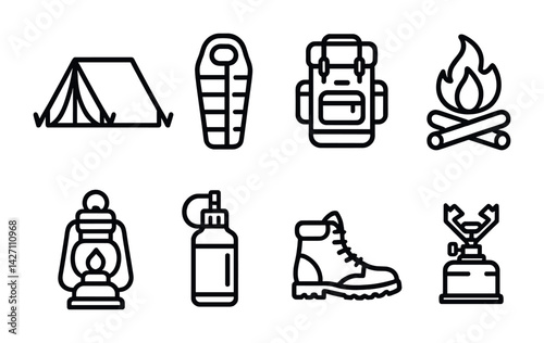 Camping essentials icon set – outline style outdoor adventure symbols for wilderness activities, hiking, and survival: tent, sleeping bag, backpack, campfire, lantern, water bottle, hiking boot,