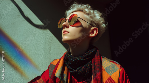 Fashionable person outside wearing colored sunglasses