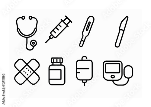 Medical equipment icon set – outline style healthcare and hospital symbols for professional use: stethoscope, syringe, thermometer, scalpel, bandage, medicine bottle, iv bag, monitor