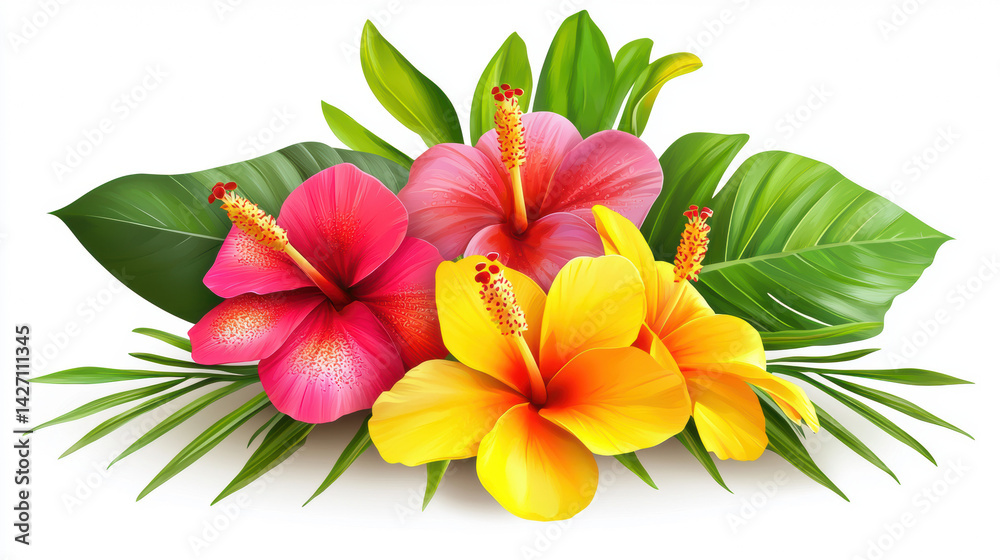 Obraz premium Vivid hibiscus flowers in radiant pink, coral, and yellow hues are beautifully arranged with lush green leaves in this bright and cheerful tropical arrangement.