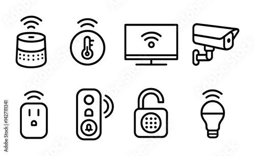 Smart home devices icon set – outline style symbols for automation and security systems: smart speaker, thermostat, smart tv, security camera, smart plug, doorbell, lock, light bulb