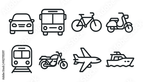 Transportation icon set – line style commuting and travel symbols for mobility and transit: car, bus, bicycle, scooter, train, motorcycle, airplane, boat