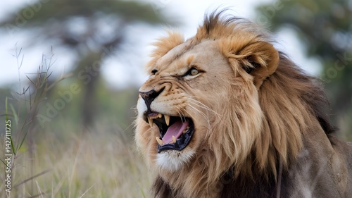A majestic lion roars, showcasing its power and ferocity. The close-up captures its expressive face, mane, and teeth