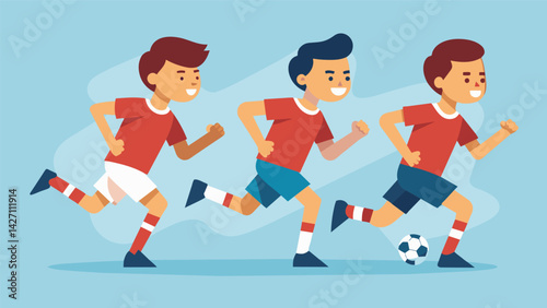 A group of young soccer players running in unison their synchronized movements and quick passes showcasing their teamwork and coordination.. Vector illustration