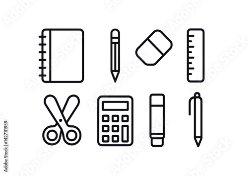 School supplies icon set – outline style education and classroom symbols: notebook, pencil, eraser, ruler, scissors, calculator, marker, pen