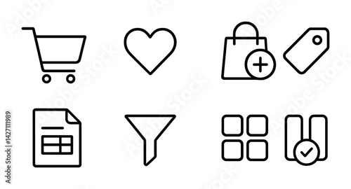 E-commerce icon set – outline online shopping and digital retail symbols for ui design and web development: shopping cart, heart, shopping bag, price tag, document, filter