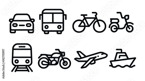 Transportation icon set – outline style travel, transit, and commuting symbols: car, bus, bicycle, scooter, train, motorcycle, airplane, boat