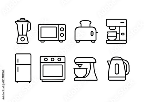 Kitchen appliance icon set – outline style cooking and home gadget symbols for culinary design, food preparation, and kitchen management: blender, microwave, toaster, coffee maker, refrigerator, oven