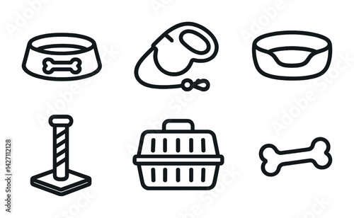 Pet accessories icon set – outline style symbols for animal care, pet supplies, and grooming: dog bowl, leash, pet bed, scratching post, carrier, bone