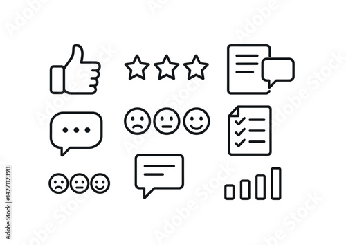 Feedback and evaluation icon set – outline style communication and review symbols for user experience, customer satisfaction, and performance: thumbs up, star ratings, speech bubble, checklist, bar