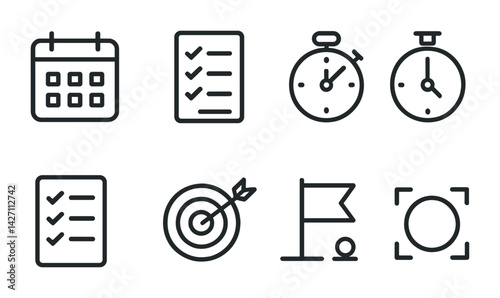 Task management icon set – outline style productivity and planning symbols for efficient workflow: calendar, checklist, stopwatch, timer, target, flag, focus
