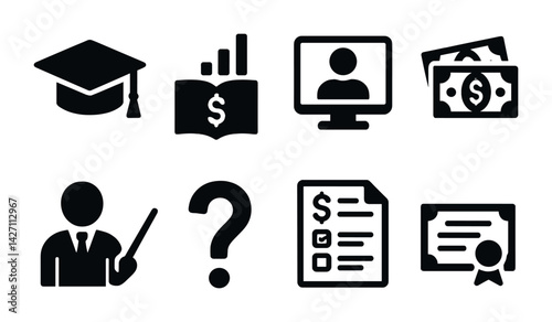 Education and learning icon set – solid style academic and teaching symbols for school management, virtual classrooms, and finance: graduation cap, textbook, online class, cash, teacher, question
