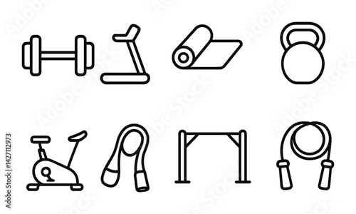 Fitness equipment icon set - outline style gym and workout symbols for exercise and training: dumbbell, treadmill, yoga mat, kettlebell, exercise bike, jump rope, pull-up bar