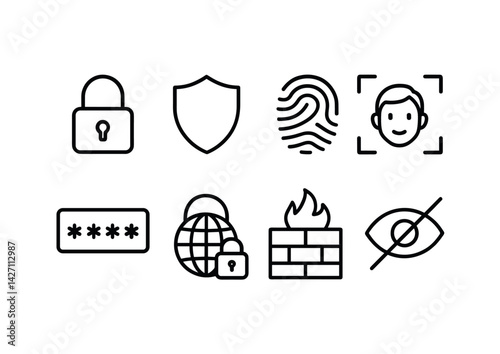 Security and privacy icon set – outline style digital protection and cybersecurity symbols for online safety: lock, shield, fingerprint, facial recognition, password, globe, firewall, no entry