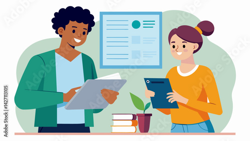 A student filling out financial aid forms at a community college while another student at a university looks at their already paid tuition bill.. Vector illustration