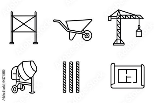 Construction tools icon set – outline style depicting building and engineering symbols for architecture and project design: scaffolding, wheelbarrow, crane, concrete mixer, rebar, blueprint