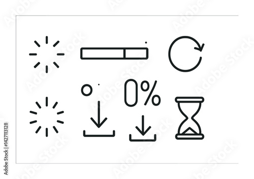 Progress and loading icon set – outline style ui and ux elements for web and app design: spinner, buffering, refresh, percentage, download, hourglass, progress bar