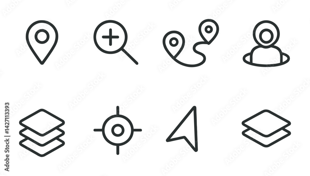 Fototapeta premium Navigation and map outline icons set – linear style for wayfinding, geolocation, and direction: location pin, magnifying glass, route, user, layers, target, arrow, map layers