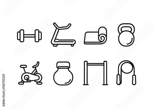 Fitness and gym icon set – outline style workout and exercise symbols for health and strength training: dumbbell, treadmill, yoga mat, kettlebell, stationary bike, pull-up bar, jump rope
