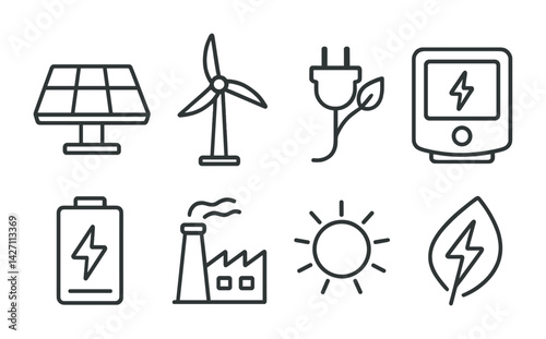 Renewable energy icon set – outline style symbols for sustainable power, green technology, and eco-friendly innovation: solar panel, wind turbine, electric plug, battery, factory, sun, leaf