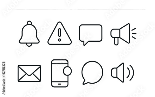 Communication and alert icon set – outline style messaging, notification symbols for apps and web: bell, warning sign, chat bubble, megaphone, envelope, smartphone, speech bubble, speaker