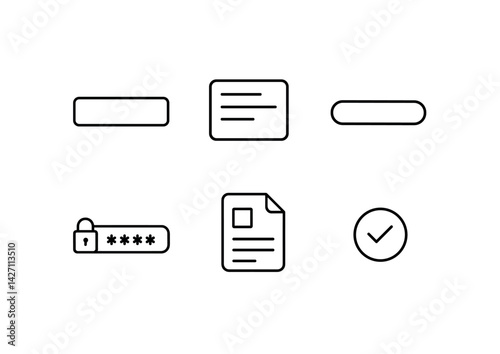 User interface icon set – outline style ux and ui design symbols for digital interfaces: button, text input, slider, password lock, document, checkmark